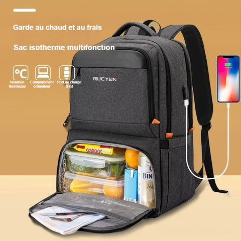 Sac à dos isotherme multifonction : compartiment repas, compartiment ordinateur et port de charge USB