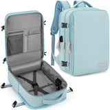 Sac à dos de voyage bleu ciel ouvert avec poches en filet