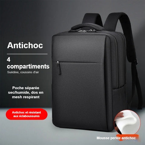 Sac à dos ordinateur portable noir antichoc à 4 compartiments
