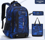 Sac à dos bleu camouflage avec trousse et sac cabas assortis