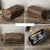 Bolsa de toalete de couro marrom com detalhes de costura – Bolsa de toalete de couro marrom Sogaïa™ | Sogaia