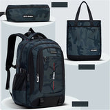 Sac à dos noir camouflage avec sa trousse et son sac cabas