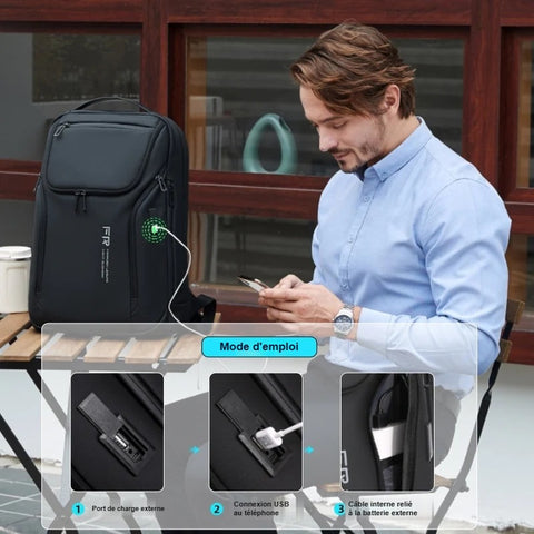 Mode d'emploi du port USB du sac à dos : port de charge externe, connexion au téléphone et câble interne vers la batterie externe