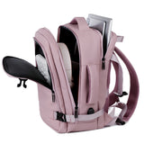 Sac à dos avion mauve ouvert avec compartiments et port USB