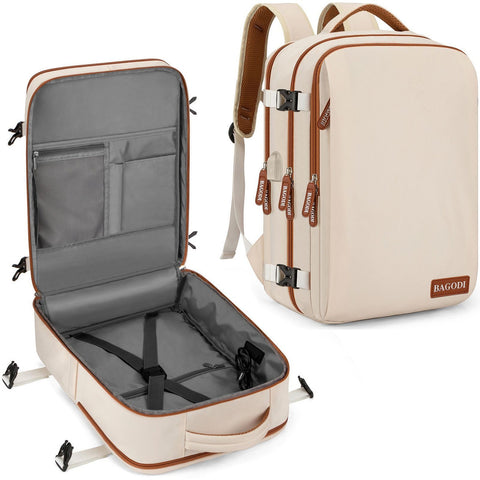 Sac à dos de voyage beige ouvert à plat comme une valise