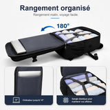 Sac à dos cabine 40x30x20 ouvert à 180° avec ordinateur et vêtements rangés