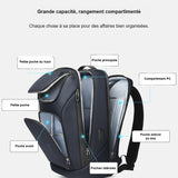 Rangements du sac à dos : poche principale, compartiment PC, poches avant, latérales et antivol au dos