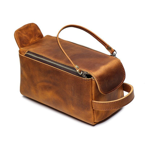 Trousse de Toilette Ancienne en Cuir Marron