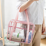 Vista frontal da bolsa de toalete grande transparente rosa – Bolsa de toalete grande transparente | Sogaia